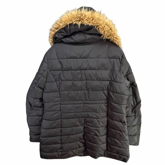 Tommy Hilfiger Puffer Coat Womens XL Black Faux Fur Trim Hooded Warm Outdoor Y2K - Picture 4 of 16